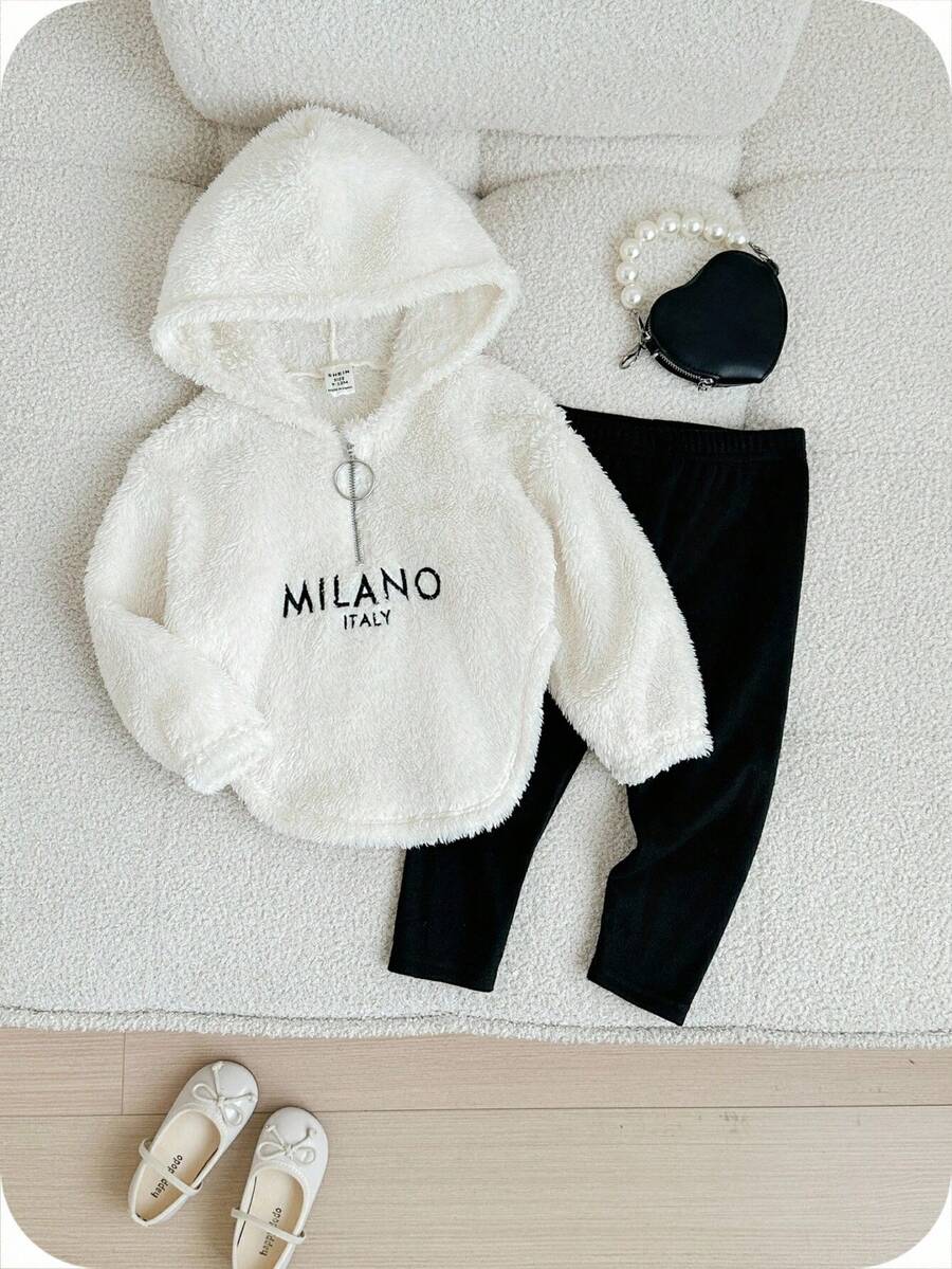 SHEIN Baby Girl Cute Thermal Lined Long Sleeve Letter Print Hooded Sweatshirt And Knit Leggings Set, Fashion Minimalist Italy Milano Letter Print, Soft & Comfortable All-Match Outfit Suitable For Autumn & Winter Long Sleeve Tops Baby Hoodie Fall - Beige - View 1