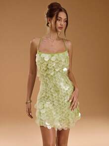 SHEIN BAE Váy ngắn chữ A hở lưng khoét sâu màu trơn, buộc dây, dáng chữ A siêu ngắn dành cho nữ, váy sequin lấp lánh, mùa xuân/hè - màu xanh lá - Xem 4