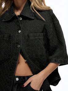 MISSGUIDED 超大号牛仔纽扣衬衫短款上衣，带胸袋，落肩肘长袖，西式秋冬休闲街头装 - 黑色 - 查看 3