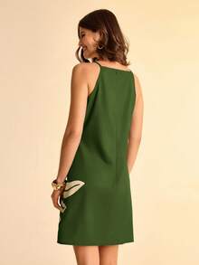 CAJUNI 女式波西米亚热带植物叶印花棕色细肩带迷你连衣裙，图案 - 綠色 - 查看 2