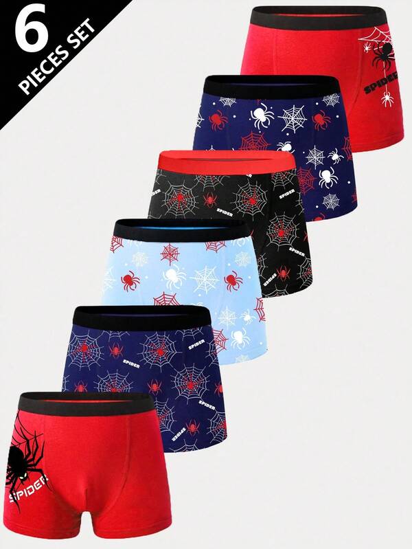6pcs Boys' Kids Cute Spider Series Pattern Simple Comfortable Soft Sports Style Basic Boxer Briefs Underwear Boys Boxer Briefs Boys Underwear Boxers Boys Spider Underwear Spider Boxers Boys Underwear Set Fall Winter