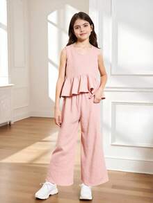 青少年女孩宽松休闲韩版肩带荷叶边下摆上衣和裤子两件套 - 粉色 - 查看 4