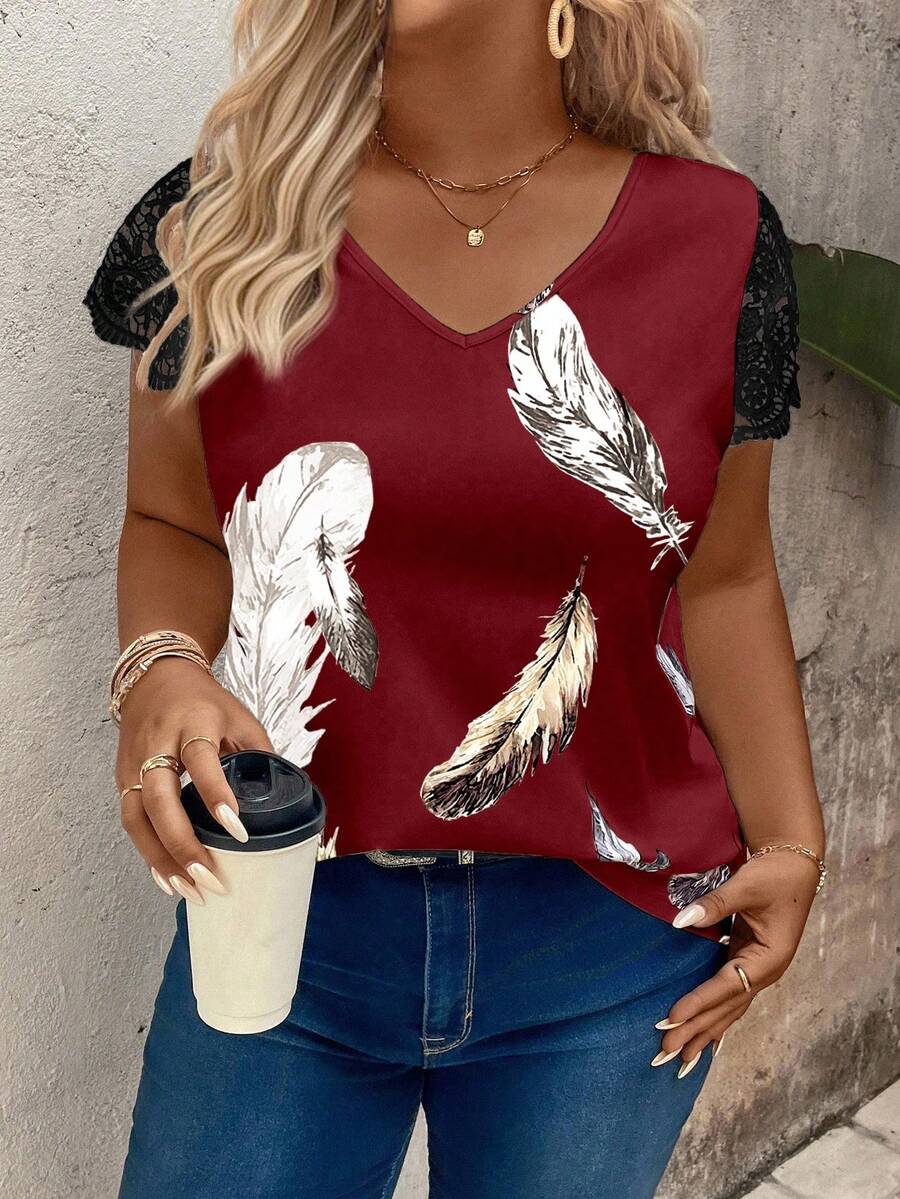 EMERY ROSE Women's Plus Size V-Neck Patchwork Sleeve Feather Element Casual T-Shirt, Versatile For Spring/Summer - Multicolor - View 1
