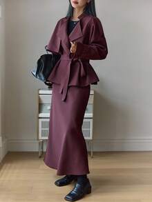 DAZY 女士宽松短款风衣外套和直筒长裙两件套休闲套装 - 酒紅色 - 查看 3