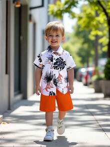 SHEIN Summer,Holiday,Traveler Young Boy Tropical Printed Vacation Leisure Collar Short Sleeves Regular Fit Two-Piece Set For Summer