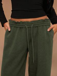 SHEIN Forever 21 Autumn/Winter New Casual Thermal Lined Loose Elastic Waist Wide Leg Sweatpants - Army Green - View 5