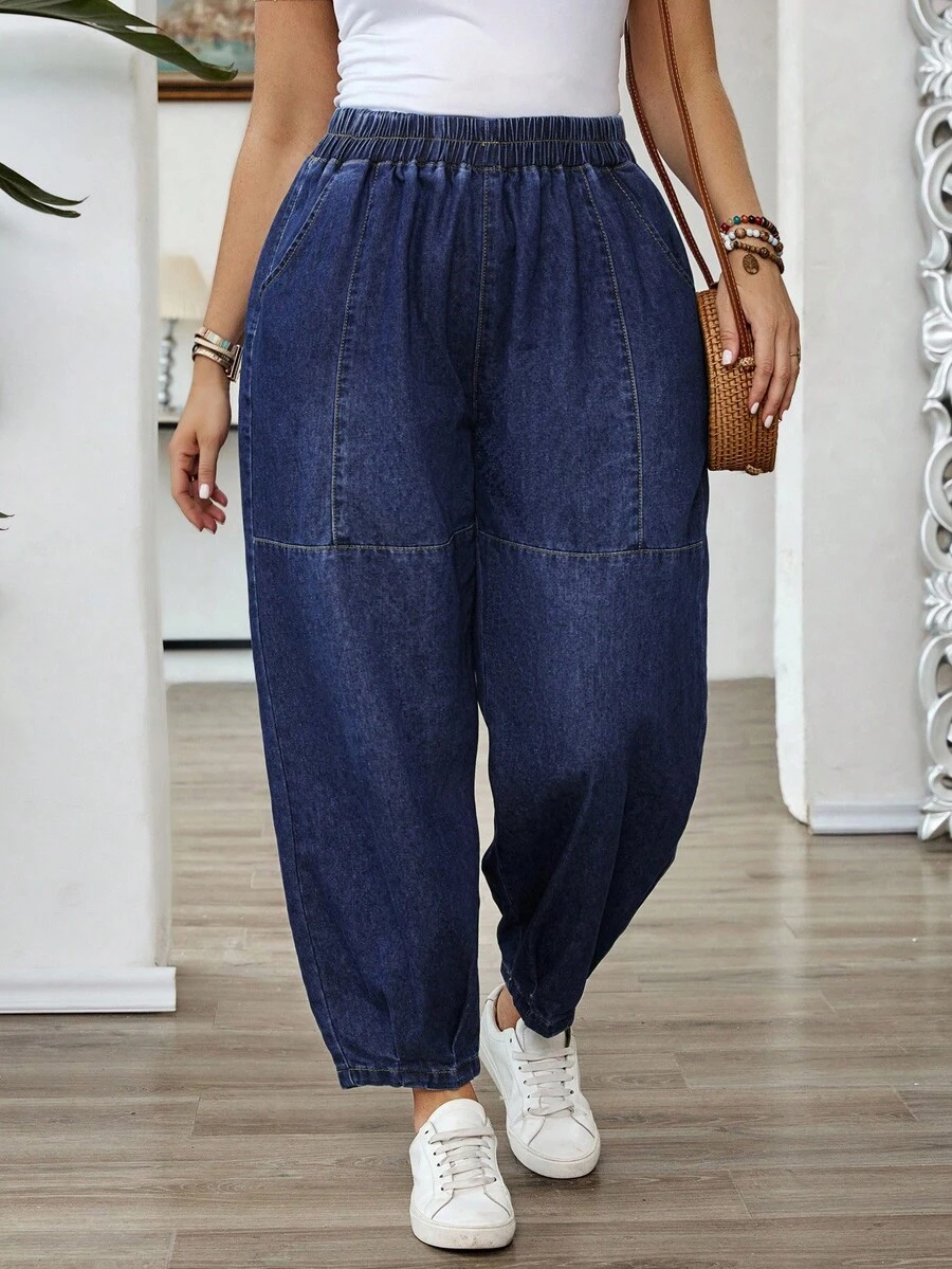 EMERY ROSE Plus Size Elastic Waist Tapered Leg Jeans, Casual Vacation - Dark Wash - View 1