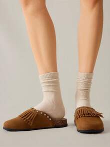 Solecia Zapatos planos cómodos con puntera redonda, borlas y pedrería completa, con doble hebilla para mujer, versátiles para uso diario, fiesta y commute - Camel - Ver 7