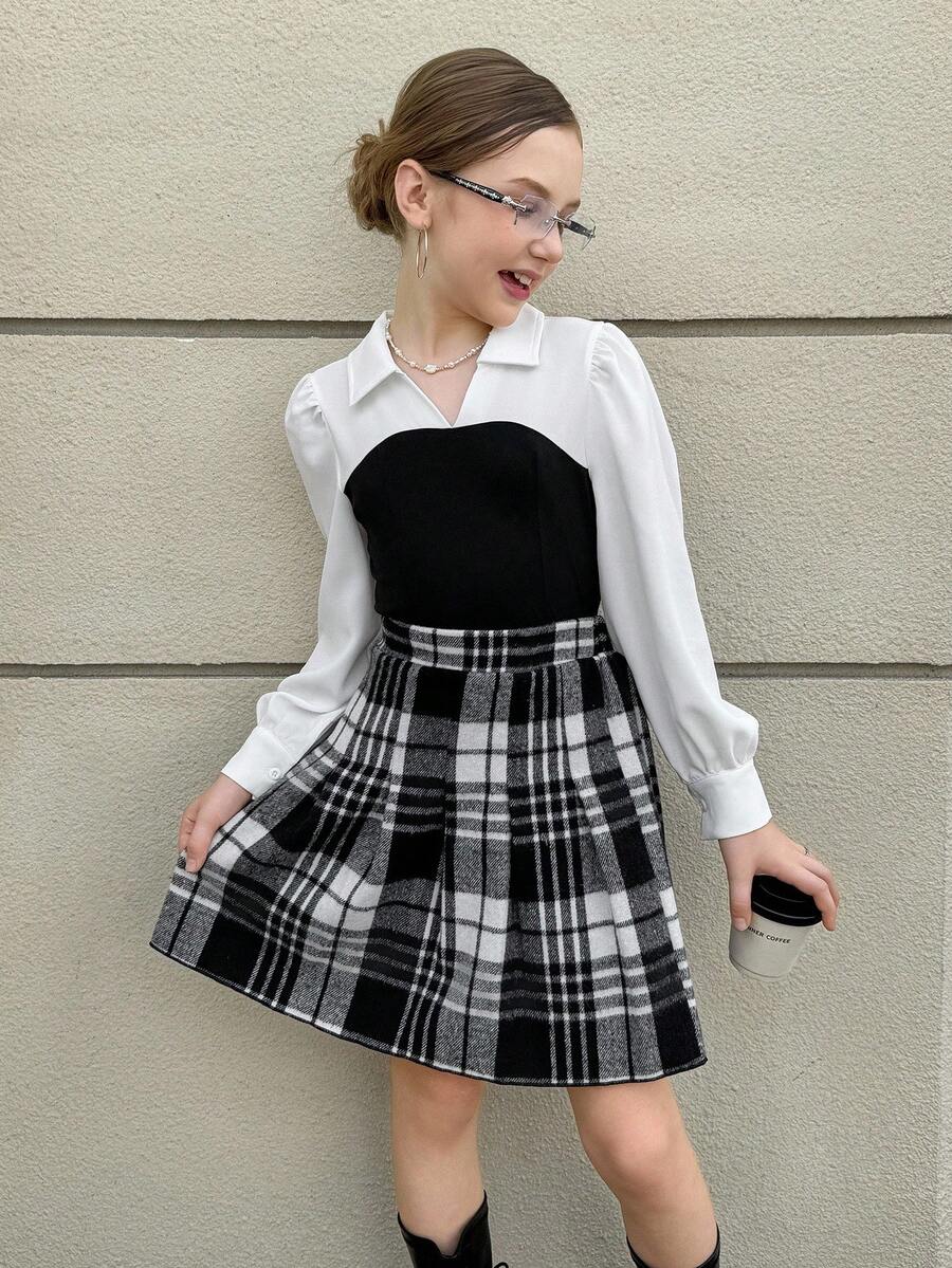 SHEIN 2 Stücke Mädchen Streetcool Set: Schwarz-Weiß Kontrast V-Ausschnitt Bluse mit aufgeblähten Laternenärmeln, Schwarz-Weiß karierter plissierter Minirock, geeignet für Lässig, Schulanfang, Urlaub im Frühling/Herbst - Schwarz und Weiss - Übersicht 1
