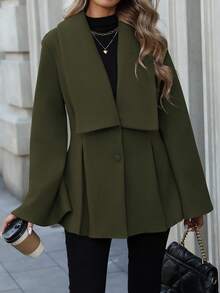 EMERY ROSE 女士优雅通勤休闲法式翻领 V 领双排扣开腰 A 字褶喇叭袖宽松袖口长袖羊毛大衣，适合春秋冬季 - 軍綠色 - 查看 3