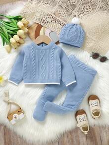 3pcs/Set Infant Cable Knit Sweater, Matching Pants And Hat, Blue Baby Boy Winter Clothes Baby Winter Outfit Toddler Knit Set Baby Blue Knitted Outfit Knit Baby Outfit Baby Boys Winter Clothes Baby Boys Fall Clothes Baby Boys Fall Outfits