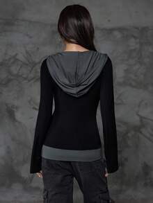 Bloopia 韩版活力女装秋冬万圣节休闲通勤畅销修身长袖拼接多层连帽卫衣上衣 - 彩色 - 查看 2