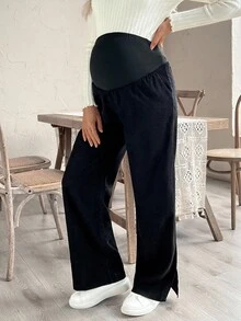 SHEIN Pantaloni sport largi pentru maternitate, culoare solidă, cu talie reglabilă, cu picior larg