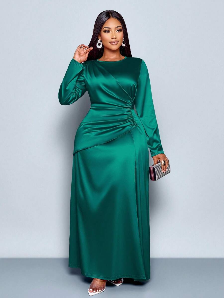 SOLERSUN 女士优雅纯色褶边缎面紧身连衣裙，适合约会派对长款女装 - 墨綠色 - 查看 1