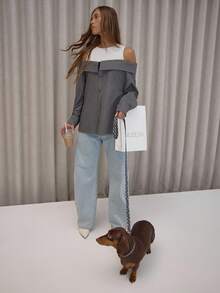 MUSERA Áo sơ mi dáng rộng, nhiều lớp, hở vai, cài cúc, dễ thương, sang trọng, gợi cảm, phong cách đường phố, mùa thu, đi chơi đêm, dự tiệc, thanh lịch, kỳ nghỉ, mùa xuân, hè. - Xám - Xem 3