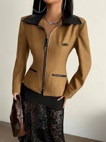 Modelyn Women's Woven Khaki Long Sleeve Fitted Flared Casual Jacket, Suitable For Dating And Outings, Autumn - Khaki - View 4