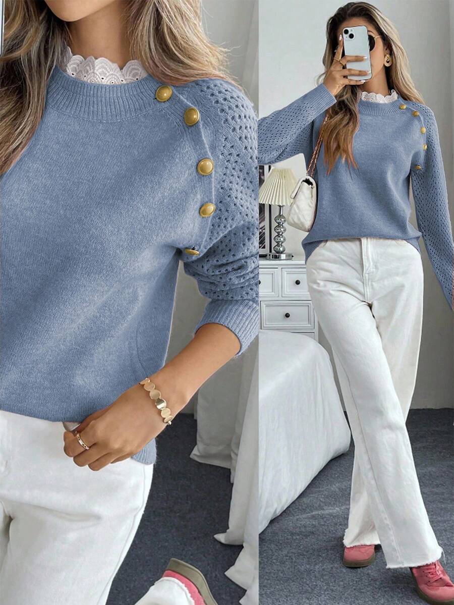 SHEIN PariChic 全新花卉装饰圆领宽松休闲女式毛衣 - 藍色 - 查看 1