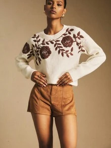 Poéselle Casual Retro Round Neck Long Sleeve Women Sweater In Fall/Winter,Cozy Fall And Winter Clothes For Women - Beige - View 4