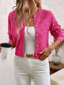 SHEIN Clasi Cardigan Wanita Lengan Panjang Minimalis Warna Polos dengan Potongan Pendek dan Lubang-lubang, Cocok untuk Pakaian Sehari-hari di Musim Gugur/Dingin - Hot Pink - View 3