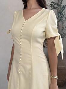 Andrea Bello Solid Color V-Neck Button Cuff Bowknot Elegant Women Long Dress - Yellow - View 3