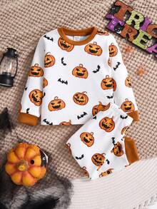 Conjunto de chándal de niño/niña multicolor para otoño/invierno, sudadera con capucha de forro polar grueso con estampado de patrones de Halloween y contraste de colores, y pantalones estampados, adecuado para disfraz de Halloween