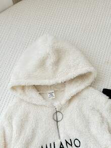 SHEIN Baby Girl Cute Thermal Lined Long Sleeve Letter Print Hooded Sweatshirt And Knit Leggings Set, Fashion Minimalist Italy Milano Letter Print, Soft & Comfortable All-Match Outfit Suitable For Autumn & Winter Long Sleeve Tops Baby Hoodie Fall - Beige - View 3