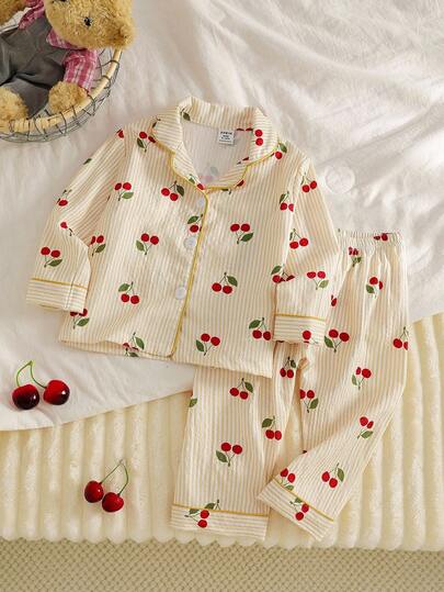 Girls Bubble Chiffon Yellow Striped Cherry Blossom Open Front Long Sleeve Top + Loose Yellow Striped Cherry Blossom Bubble Chiffon Pants, Comfortable Fall Winter