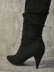 SHUZIA Fashionable Women's Chocolate Faux Suede Knee High Low Kitten Heel Slouchy Pointed Toe Boots Comfort Fall Winter Holiday Shoe - Black - View 7