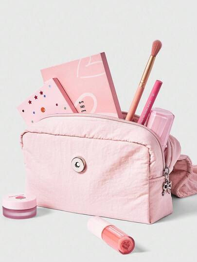 Kawaii Sac cosmétique portable de grande capacité avec cordon de serrage, nœud papillon et motif de lettre fraise rose mignon