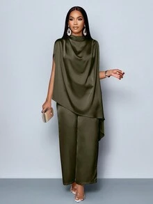 SOLERSUN 女士时尚纯色优雅立领时尚精致蝙蝠袖缎面不对称下摆衬衫和直腿优雅长裤套装 - 橄欖綠 - 查看 3