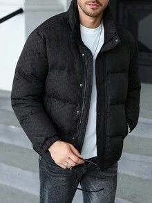 Manfinity CasualCool 男士拉链格子撞色长袖口袋冬季棉服外套，男士冬季外套，拼色加绒保暖冬季外套，格子冬季外套 - 黑色 - 查看 3