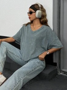EURMUSE Washed Effect Blouse, Oversized Fit, V-Neck Design, Half Sleeves, Charcoal Grey Color, Vintage Look, Loose Cut, Cotton Blend, Distressed Finish, Casual Style, Relaxed Silhouette, Weekend Wear, Everyday Fashion, Drop Shoulder, Soft Texture, Street Style, Modern Basic, Comfortable Design - Grey - View 7