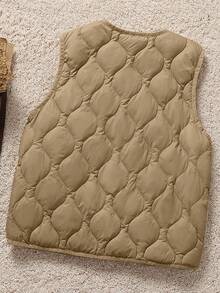 Linhara Áo vest cổ chữ V siêu nhẹ, thời trang tối giản, cỡ lớn, phù hợp cho mùa thu đông, có túi - Màu Khaki - Xem 2