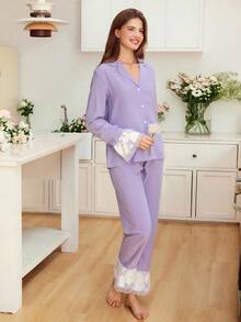 Women's Butterfly Print Ruffle Splice Lapel Top And Pants Pajama Set, Fall Clothes - Purple - View 5
