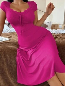 SHEIN Elegant Women's Knitted Textured Bowknot Lace Patchwork Nightgown