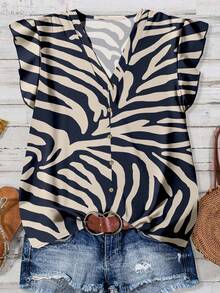 SHEIN LUNE 女士休闲简约斑马纹衬衫，适合夏季 - 彩色 - 查看 1