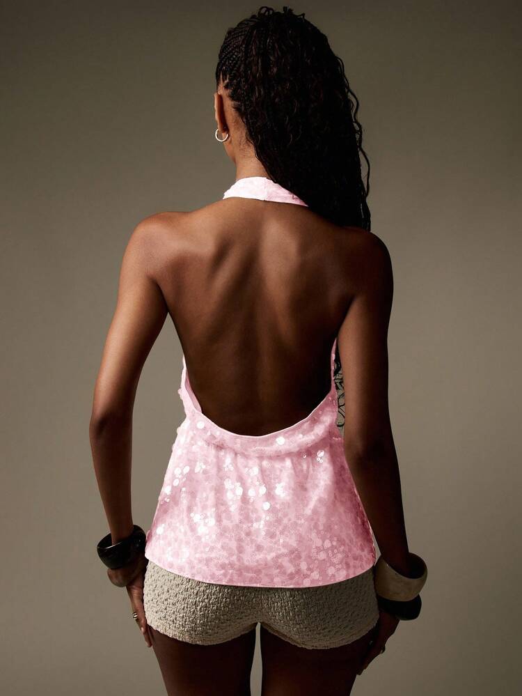 MISSGUIDED Top canotta con paillettes e glitter, scollo a V, schiena scoperta, regolabile con laccetti, adatto per feste, uscite serali, estate, festival e vacanze al mare