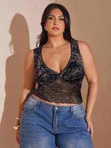 SHEIN BAE 大码性感动物纹网纱透视背心，适合秋季、校园、Y2K、乡村、复古、节日、婚礼宾客、夏季、正式场合、生日等各种场合，也是夏季上衣的理想之选。 - 咖啡棕 - 查看 1