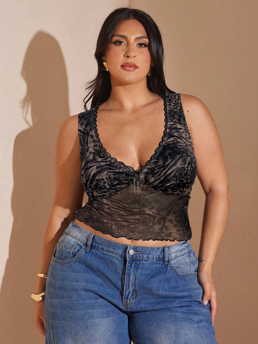 SHEIN BAE 大码性感动物纹网纱透视背心，适合秋季、校园、Y2K、乡村、复古、节日、婚礼宾客、夏季、正式场合、生日等各种场合，也是夏季上衣的理想之选。 - 咖啡棕 - 查看 1