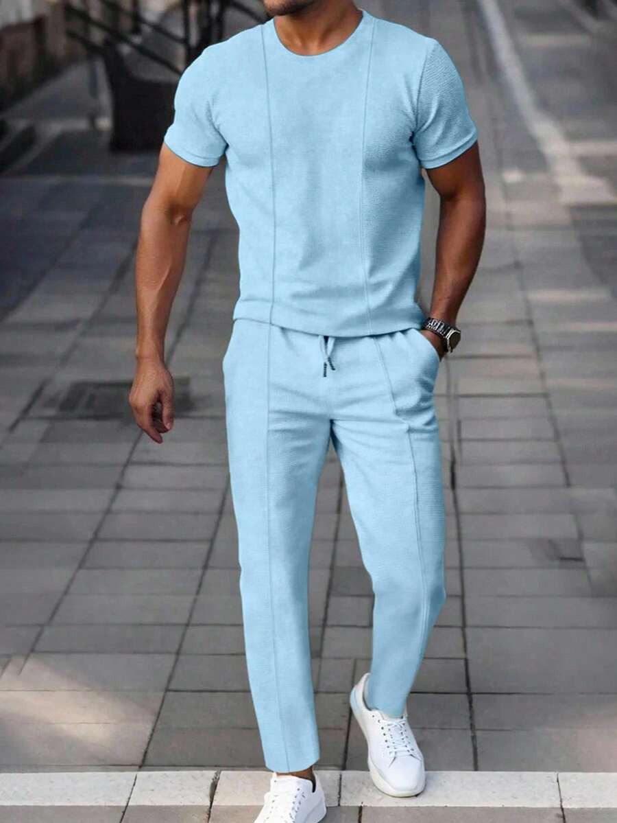 Manfinity Homme 2pcs Men's Casual Solid Color Short Sleeve T-Shirt And Drawstring Pants Co-Ord Two Piece Set, Summer Baby Blue Cozy Outfits