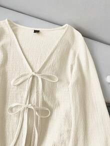 SHEIN LUNE Women's Casual Solid Color Tie Cuff Flare Sleeve Blouse V Neck Top Tie Front Top Knit Top Bell Sleeve Top Cottagecore Top