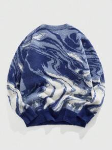 ROMWE MEN Street Life 男士休闲宽松圆领长袖套头毛衣，秋冬 - 藍色 - 查看 2