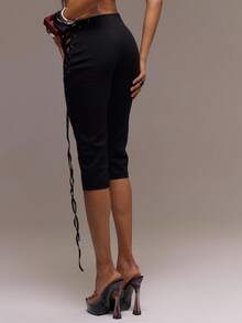 MUSERA Lace Up Side Silver Eyelet Asymmetric Waist Capri Cropped Fitted Trousers Cool Girl, , Going Out, Sexy, Costumes For Women Crimson Party Valentines Day - Black - View 3