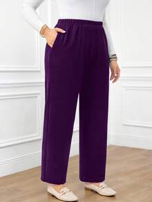 EMERY ROSE Plus Size Women's Casual Daily Black Long Pants With Pockets - Purple - View 4