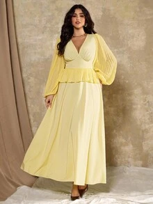 Roveilla Plus Size Women Elegant Pleated Deep V-Neck Long Sleeve Dress - Yellow - View 5