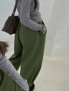 INAWLY 女式松紧腰抽绳口袋宽松休闲慢跑裤 - 軍綠色 - 查看 2