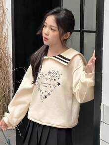 女童海军蓝领针织保暖长袖休闲运动衫，心形印花，学院风，秋季 - 米色 - 查看 4