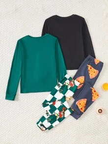 4 件套男童长袖紧身披萨和卡通人物印花休闲家居服套装，春秋 - 彩色 - 查看 2