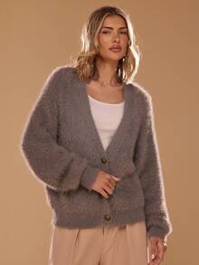 SHEIN BAE Women's Casual Loose Deep V-Neck Cardigan, Autumn/Winter,Fall Clothes For Women,Fall Sweaters,Winter Clothes Women,Halloween,Halloween Clothes Women,Cardigans,Jumpers,Halloween Sweater,Gray Sweater,Gray Cardigan Sweater, - Grey - View 7