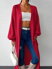 EURMUSE Drop Shoulder Lantern Sleeve Open Front Cardigan - Burgundy - View 4